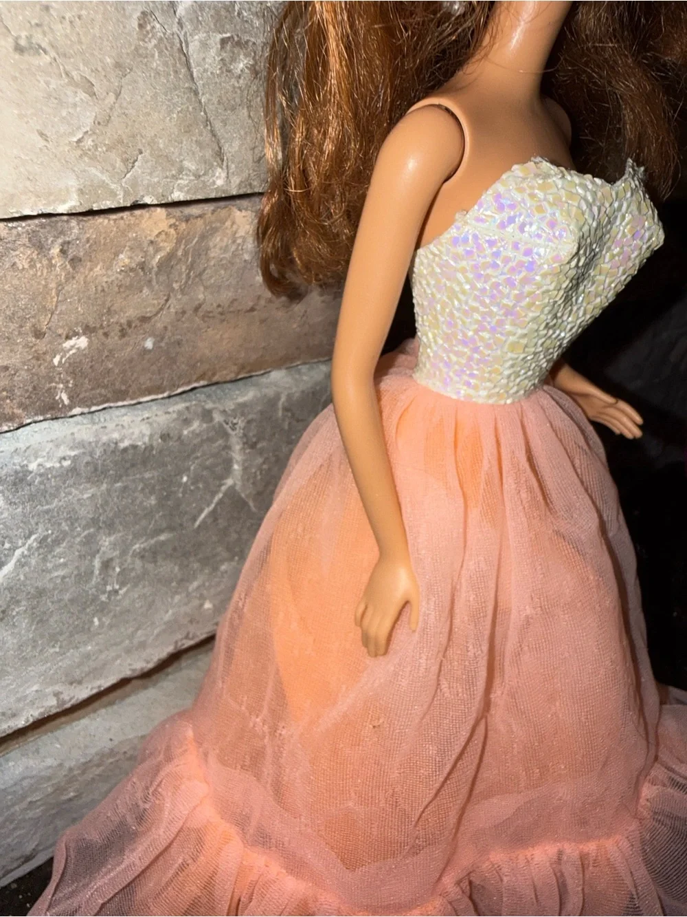 Barbie brunette/red hair earrings wearing Vinatge white peach formal dress